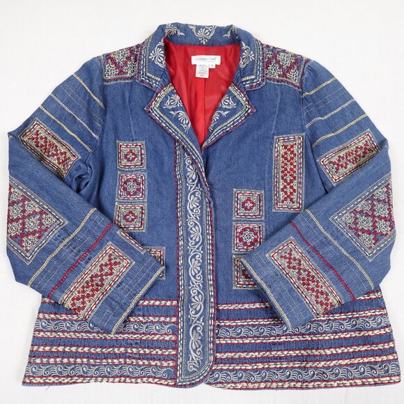Coldwater Creek Embroidered Jean Jacket Women's 1X Boho Stitched Denim - Picture 2 of 13